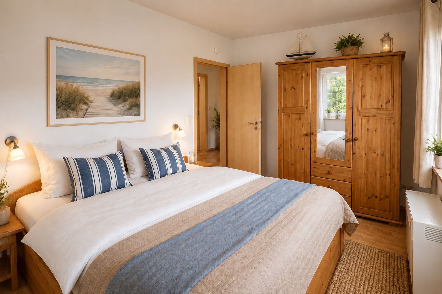Helles Schlafzimmer mit Doppelbett, Holzmöbeln und großem Fenster.