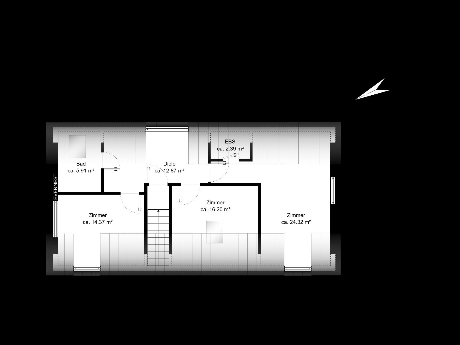 Grundriss eines Hauses mit drei Zimmern, einem Bad und Flur, Flächenangaben in Quadratmetern.