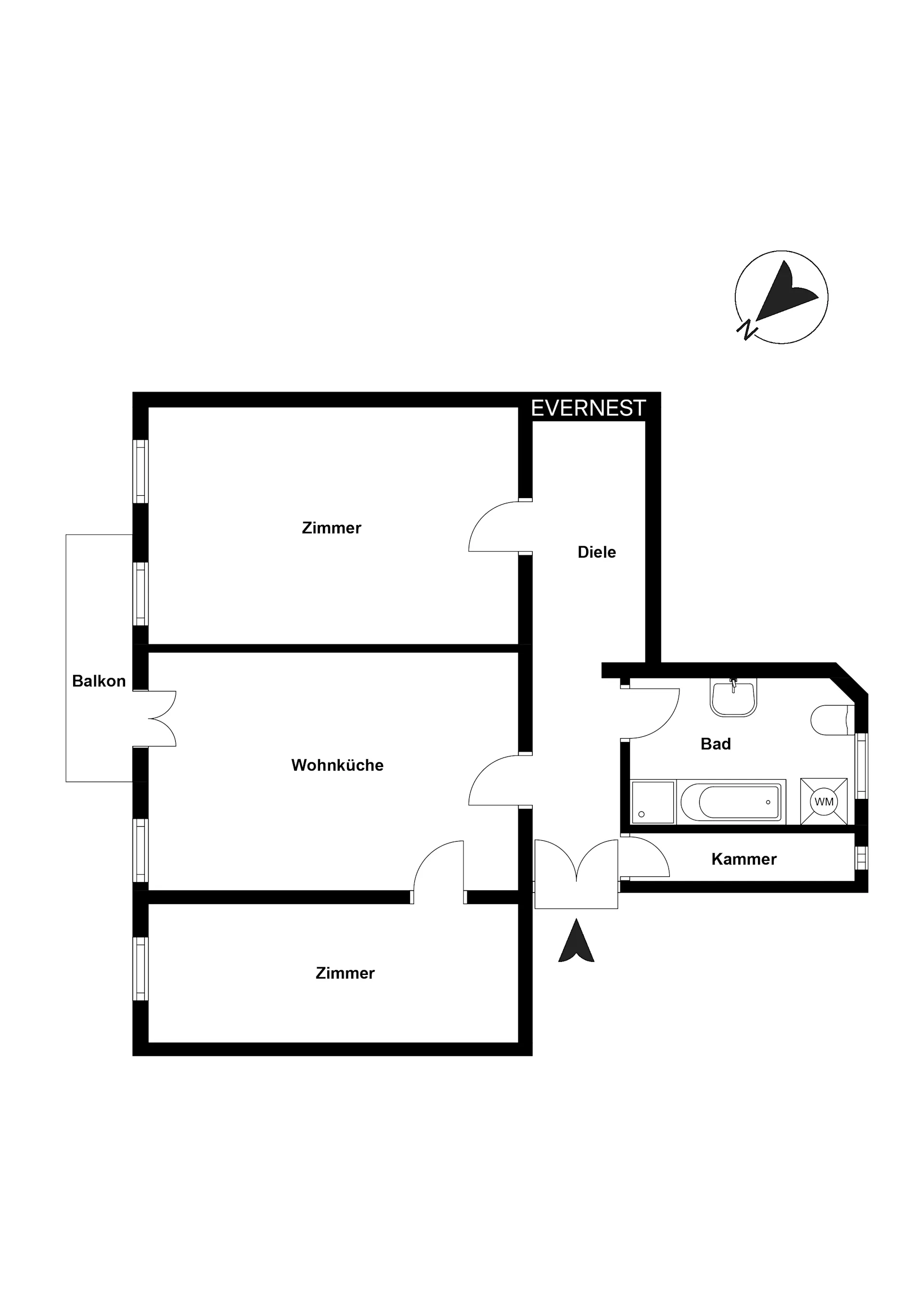 Wohnungsgrundriss mit zwei Zimmern, Wohnküche, Bad, Kammer, Diele und Balkon.
