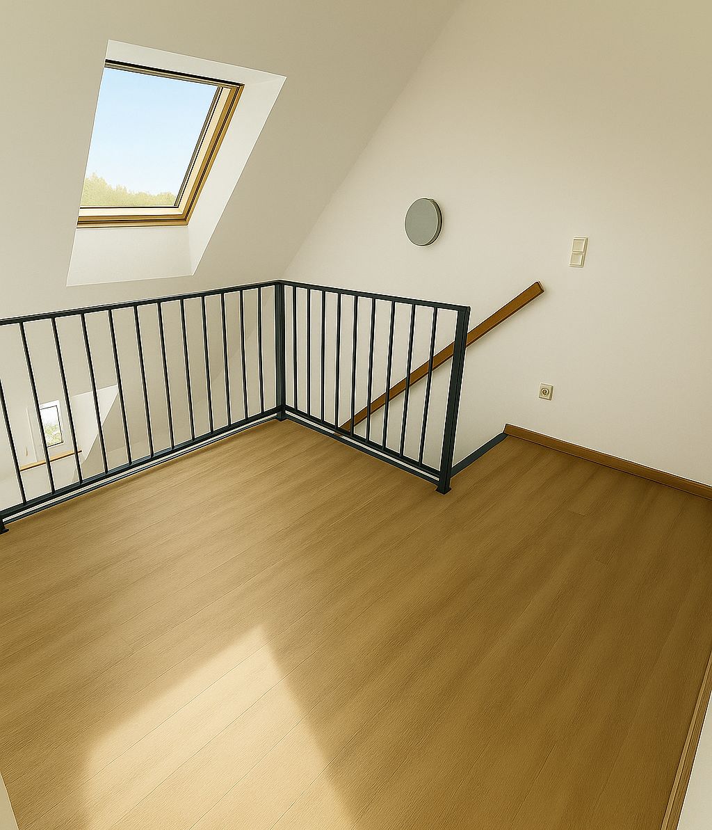 Kleiner Raum mit Holzfußboden, Dachfenster und schwarzem Geländer an einer Treppe.