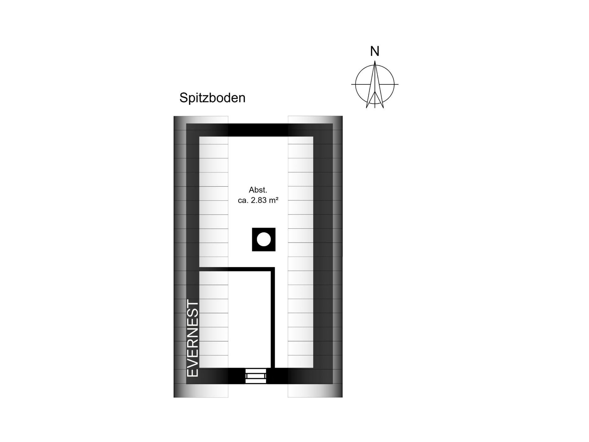 Schwarz-weißer Grundriss eines Spitzbodens mit Abstellfläche und Treppe.