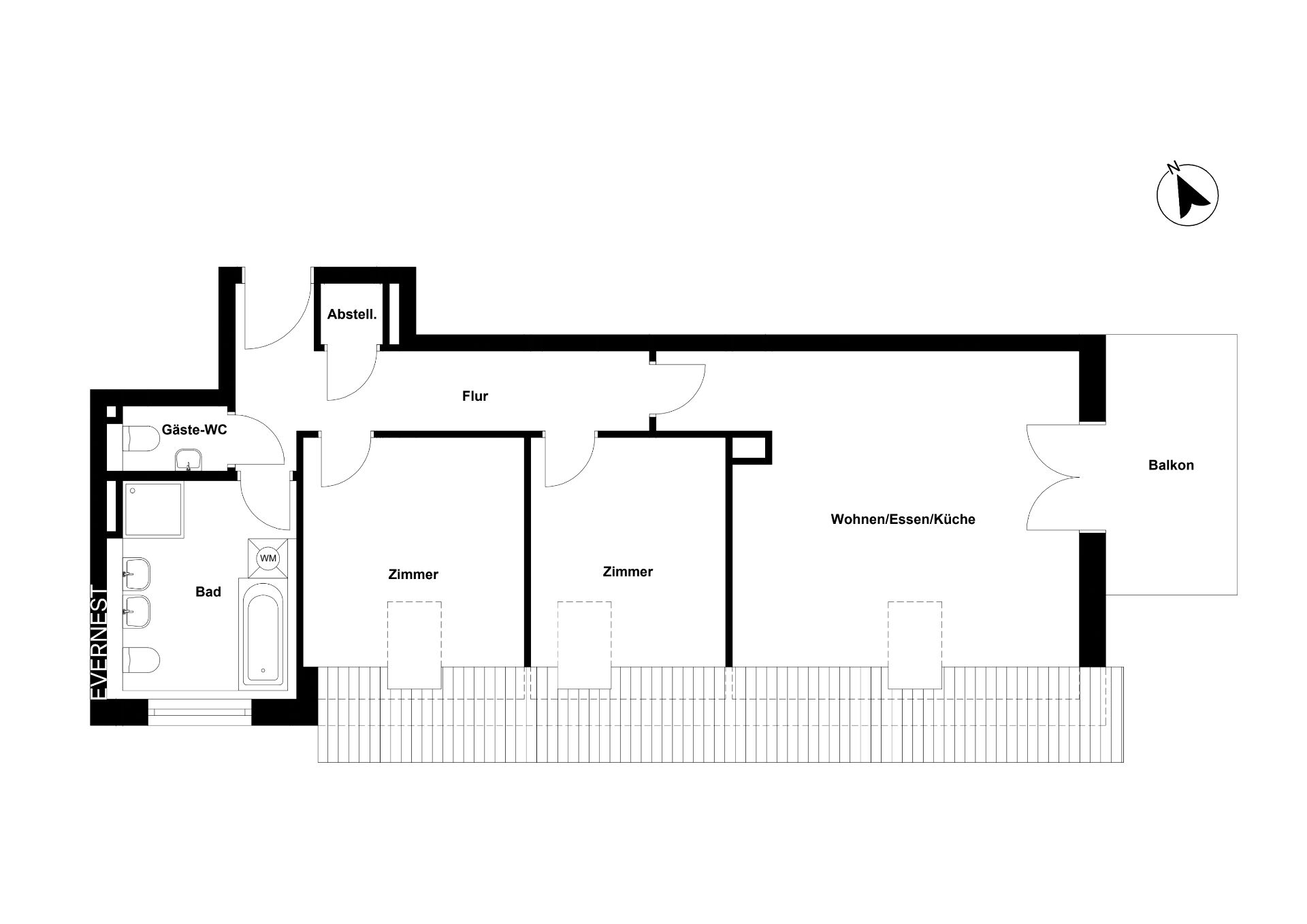 Grundriss einer Wohnung mit zwei Zimmern, Bad, Gäste-WC, Abstellraum, Küche/Wohnbereich und Balkon.