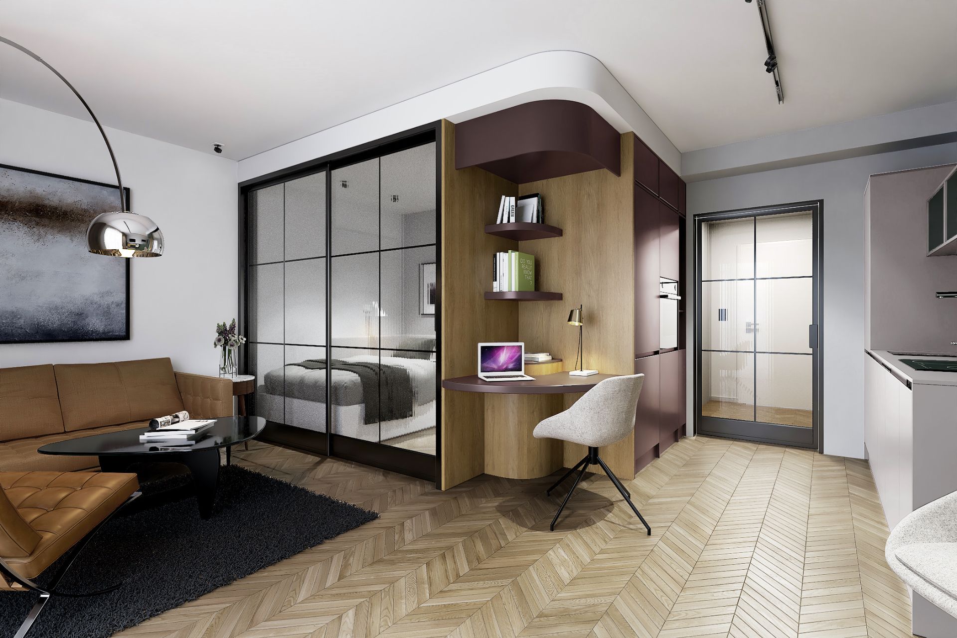 Modernes Wohnzimmer mit Sofa, Schreibtisch, Bücherregalen und Glastür zum Schlafzimmer.