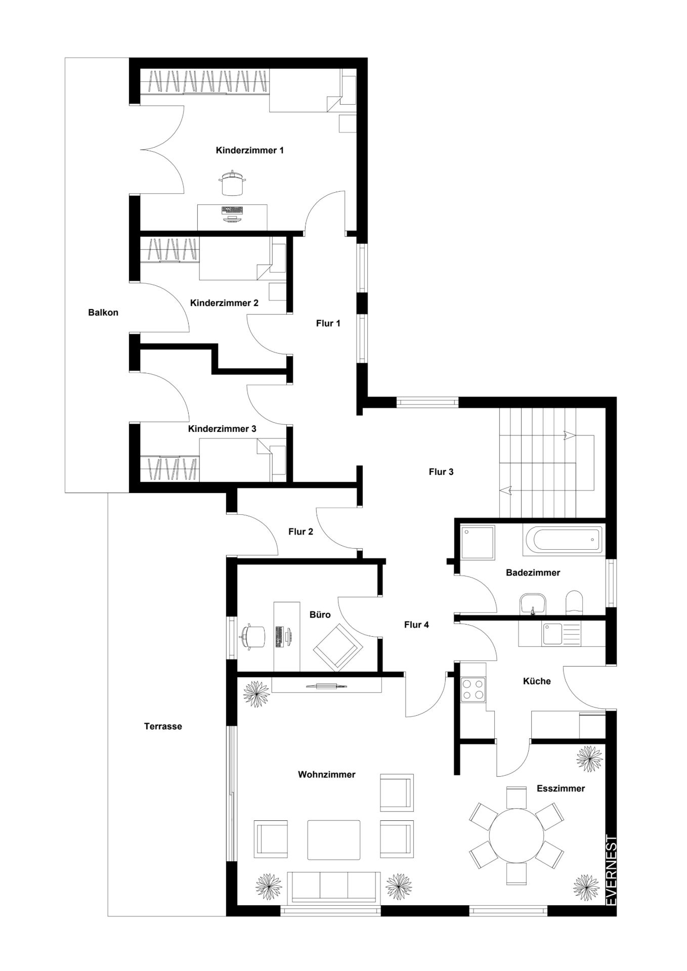 Grundriss einer Wohnung mit drei Kinderzimmern, Büro, Wohnzimmer, Bad, Küche, Esszimmer, Balkon und Terrasse.
