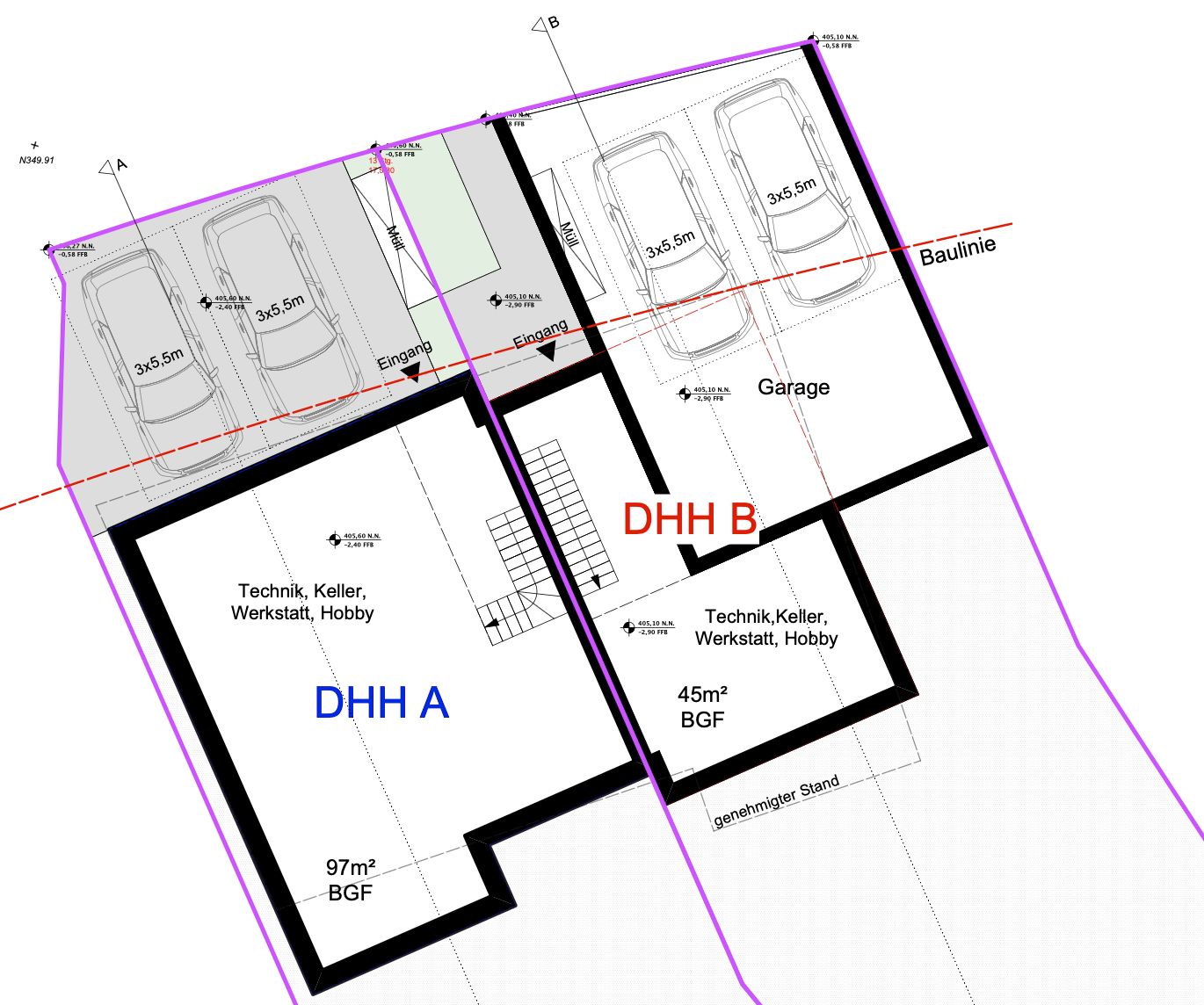 Grundriss mit Garage, Keller und Technikräumen für zwei Doppelhaushälften.