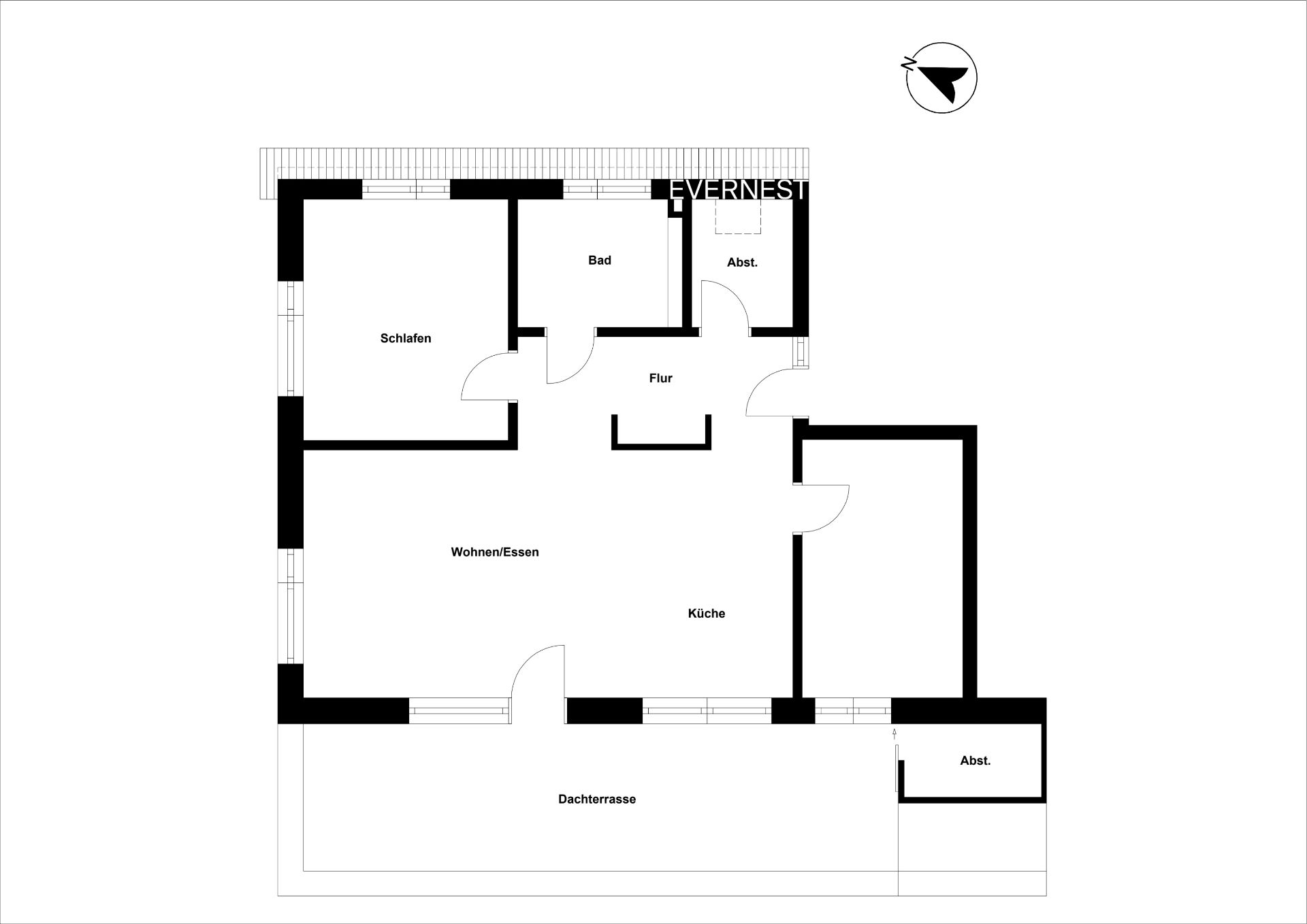 Grundriss mit Schlafzimmer, Bad, Flur, Wohnen/Essen, Küche, Abstellräumen und Dachterrasse.