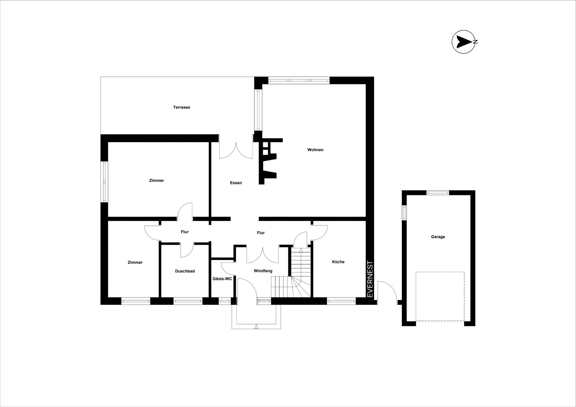 Grundriss eines Wohnhauses mit Zimmern, Wohnzimmer, Küche, Bad, Gäste-WC und separater Garage.