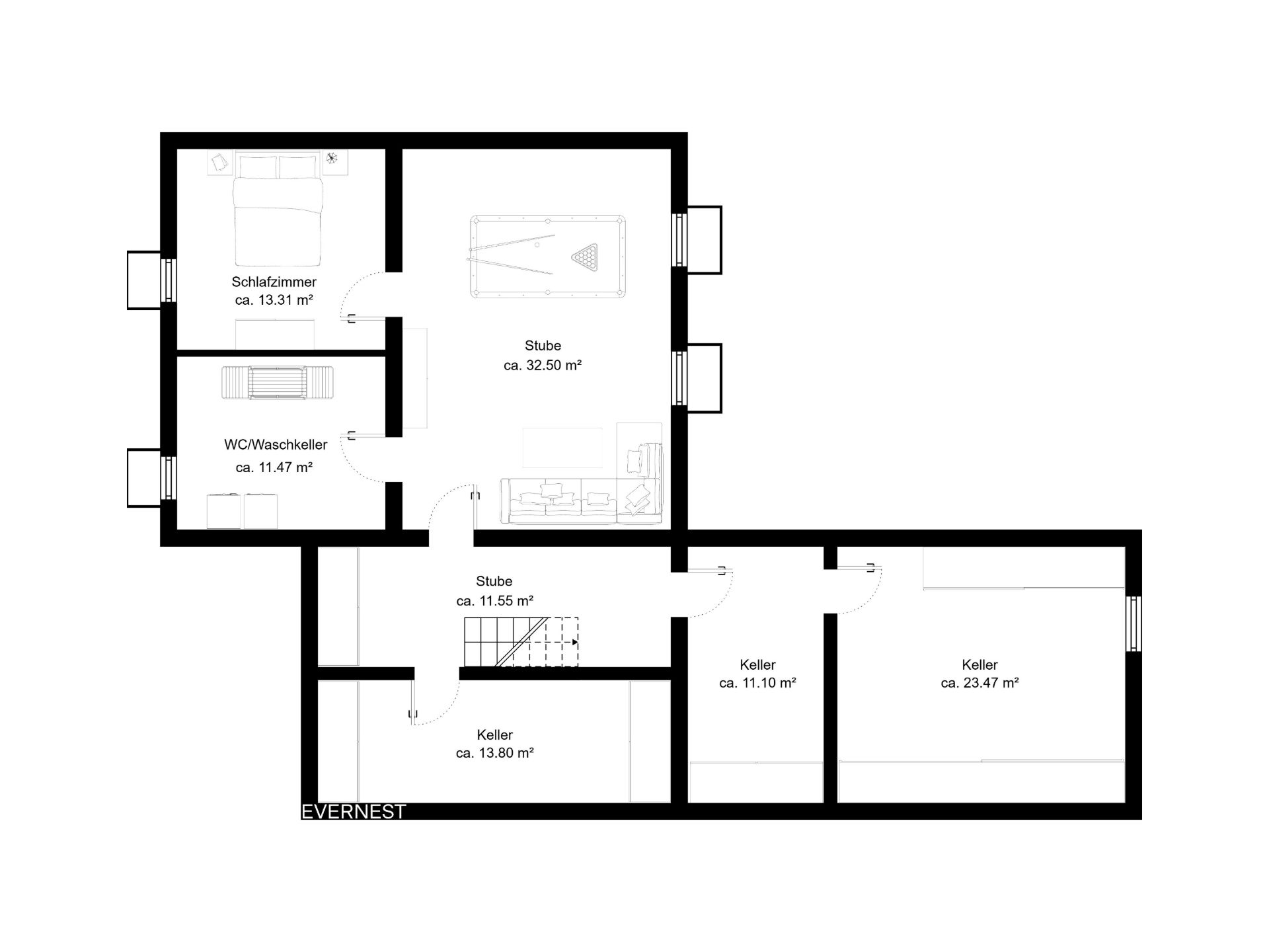 Grundriss mit Schlafzimmer, Stube, WC/Waschkeller und mehreren Kellerräumen.