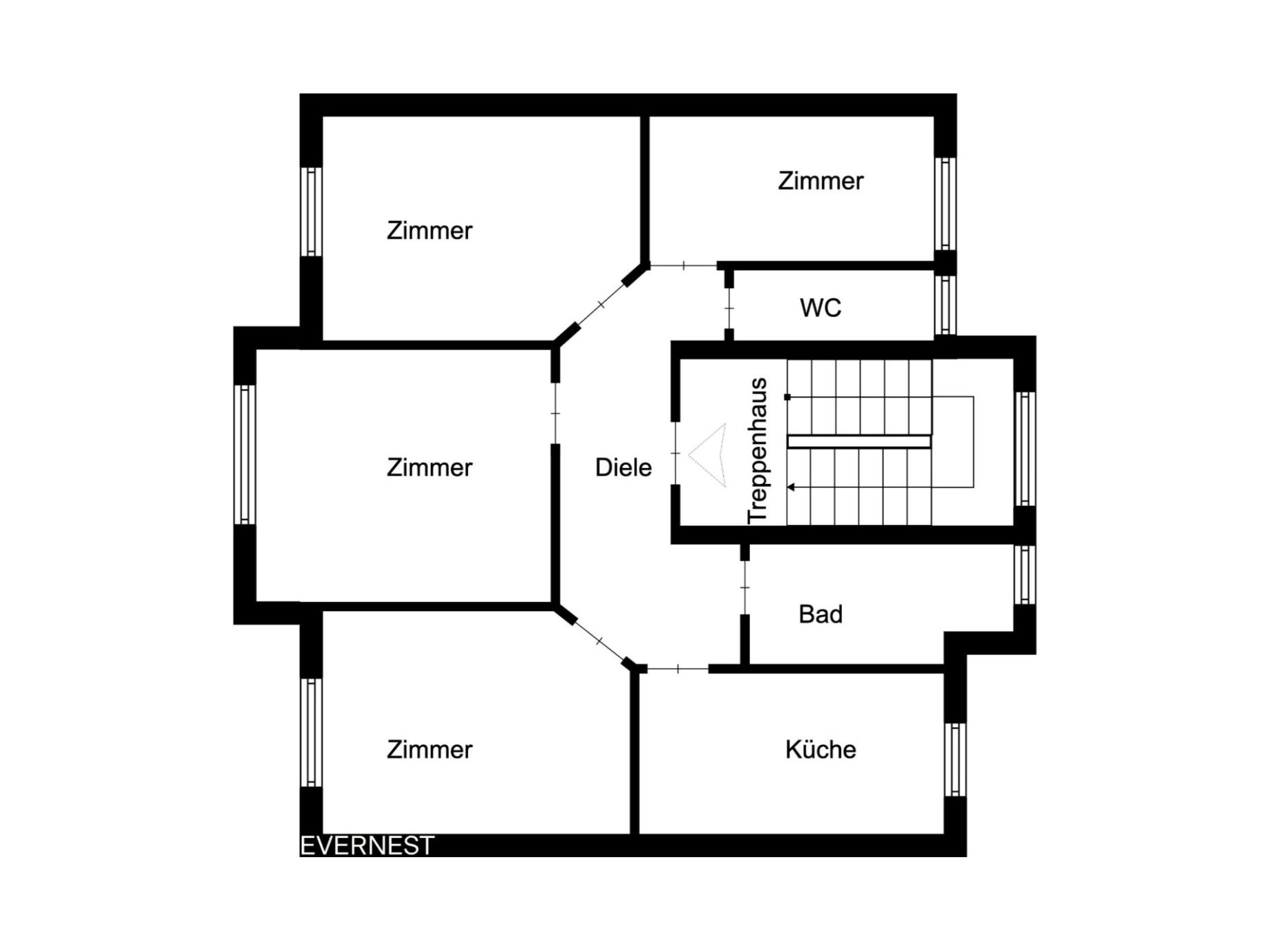 Grundriss mit vier Zimmern, Küche, Bad, WC, Diele und Treppenhaus.