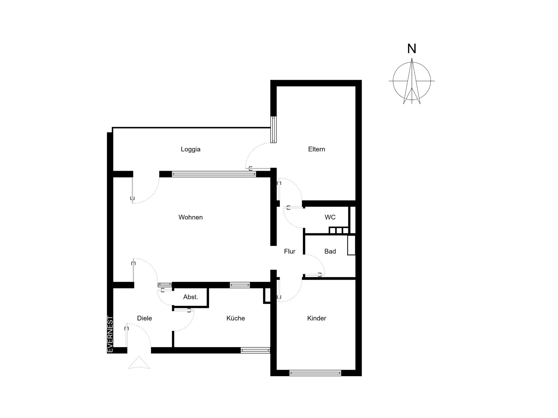 Wohnungsgrundriss mit Zimmern für Eltern, Kinder, Bad, WC, Küche, Wohnen und Loggia.