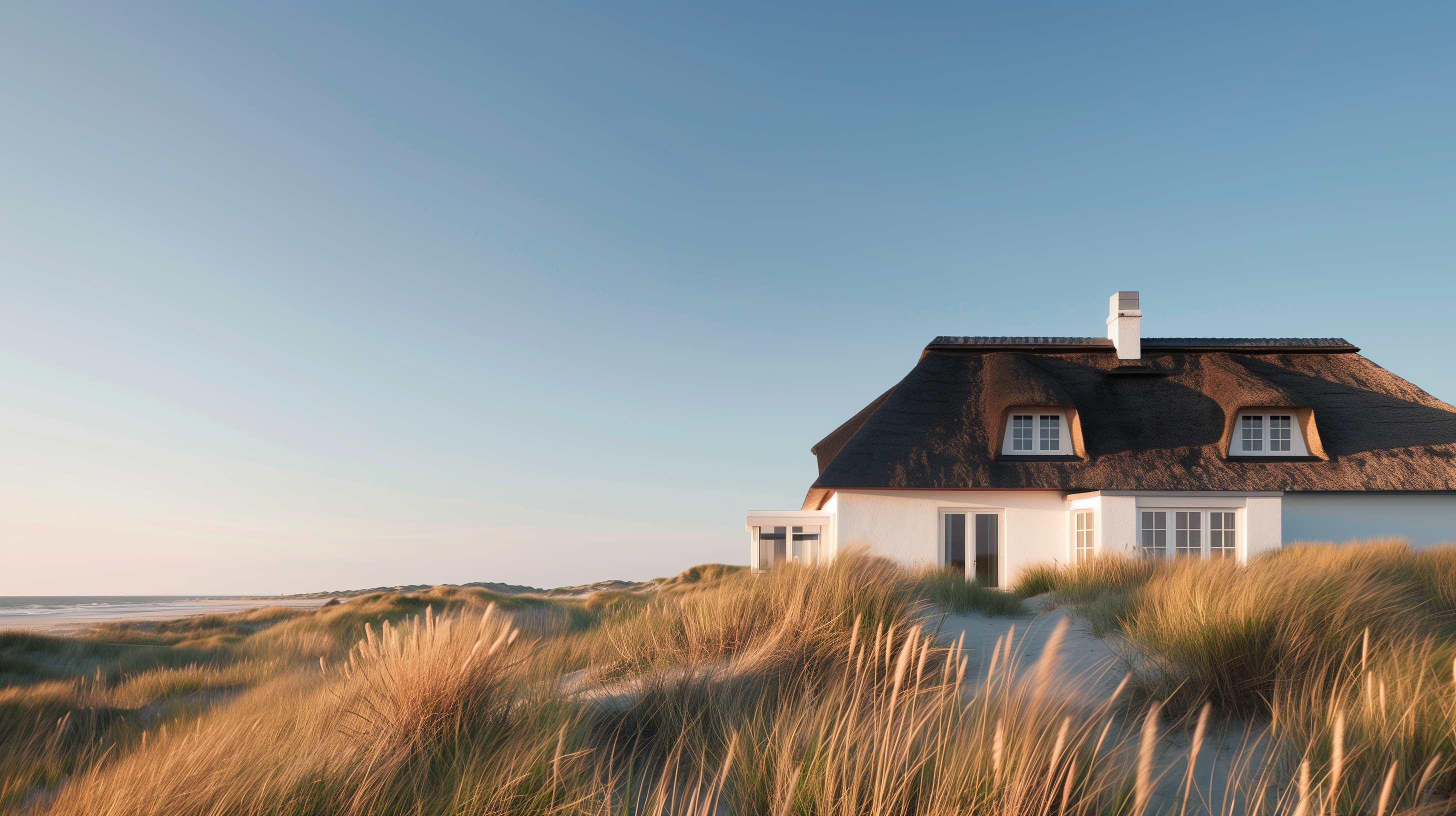 Weißes Haus mit Reetdach steht zwischen Dünen und hohem Gras an einem Sandstrand.