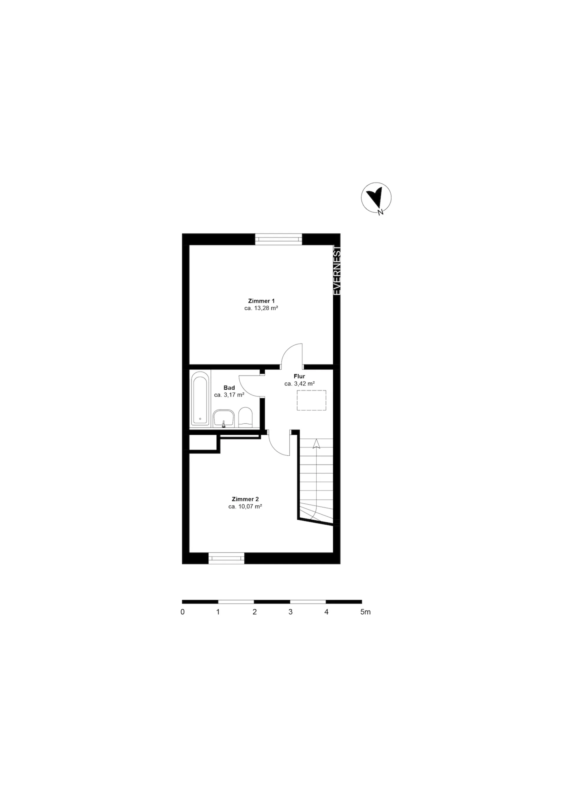 Grundriss mit zwei Zimmern, Bad, Flur und Treppe.
