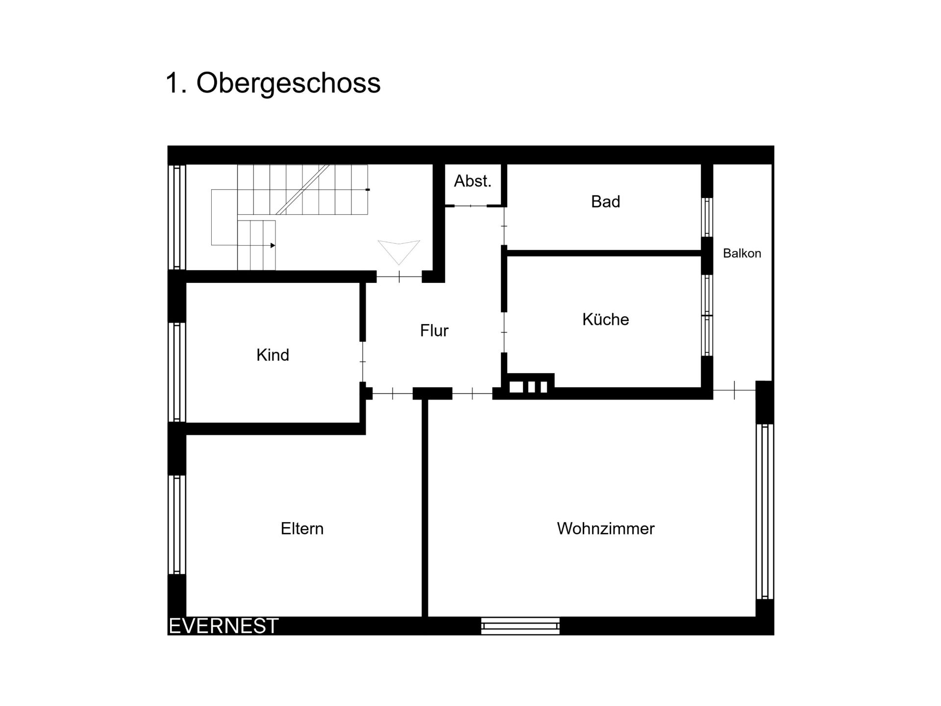Grundriss des ersten Obergeschosses mit Wohnzimmer, Eltern-, Kind-, Bad, Küche, Abstellraum und Balkon.