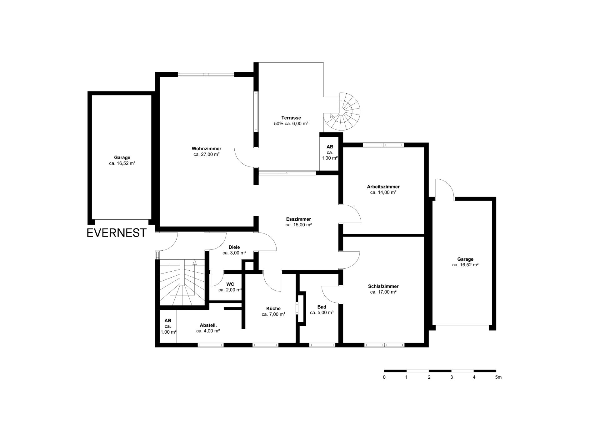Grundriss eines Hauses mit Wohnzimmer, Schlafzimmer, Küche, Bad, Esszimmer und zwei Garagen.