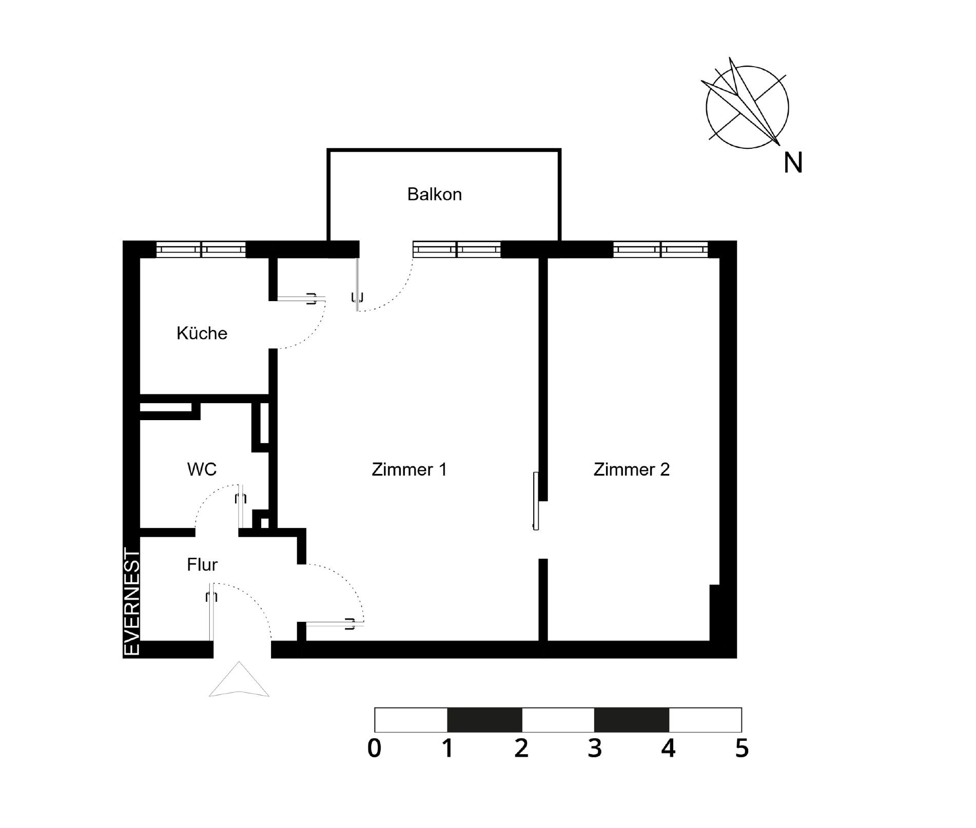 Wohnungsgrundriss mit zwei Zimmern, Küche, WC, Flur und Balkon.