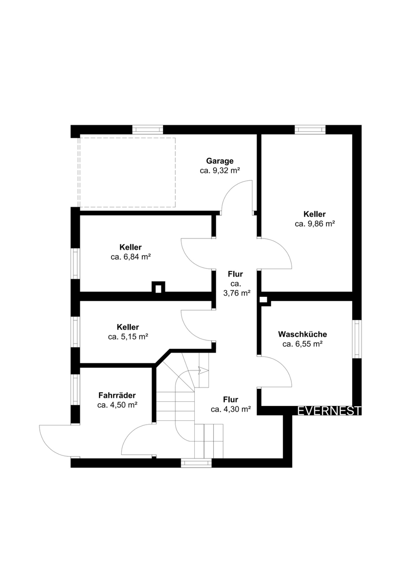 Grundriss mit Garage, mehreren Kellerräumen, Waschküche, Fahrradraum und Fluren.