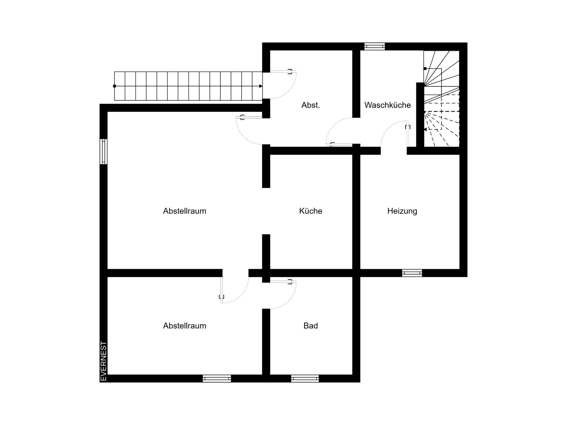 Grundriss mit Abstellräumen, Küche, Bad, Heizungsraum und Waschküche.