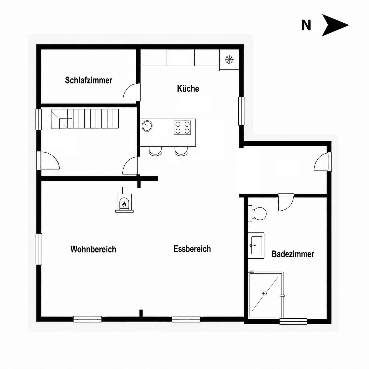 Grundriss mit Schlafzimmer, Küche, Wohnbereich, Essbereich und Badezimmer.