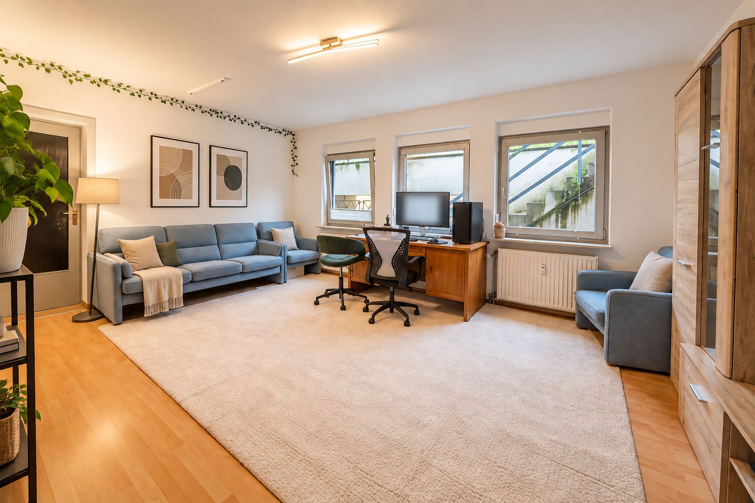 Helles Wohnzimmer mit Sofa, Schreibtisch, Computer, Sessel und Teppich auf Holzboden.