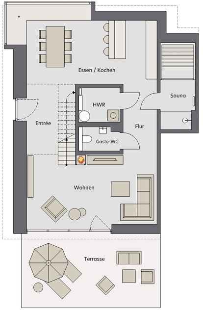 Grundriss einer Wohnung mit Wohnbereich, Küche, Sauna, Gäste-WC und Terrasse.