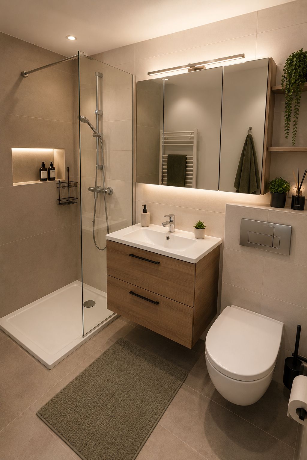 Modernes Badezimmer mit Dusche, Waschbecken, Spiegel, WC und grüner Matte.