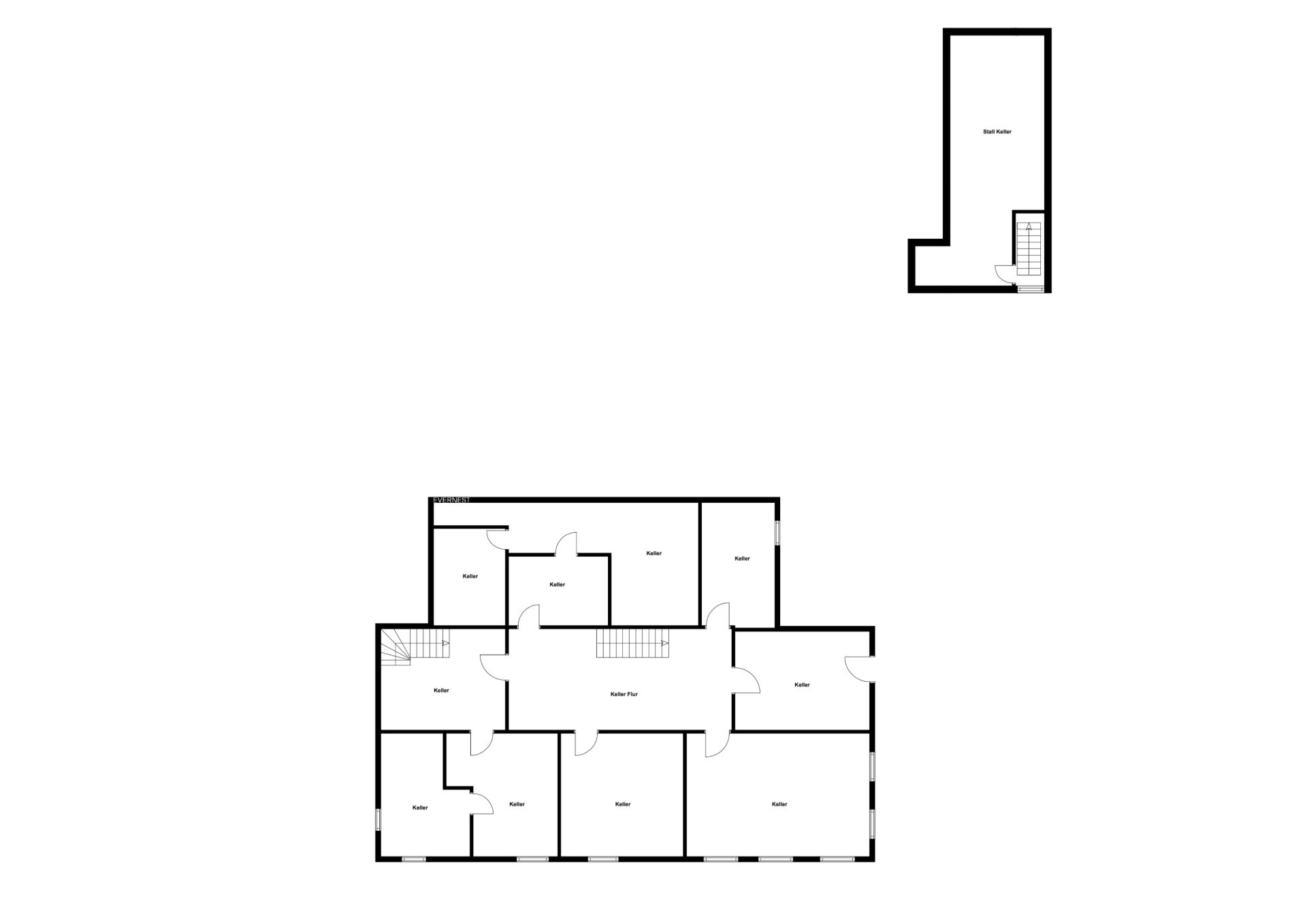Grundriss eines Wohnhauses mit mehreren Zimmern und separatem Raum oben rechts.