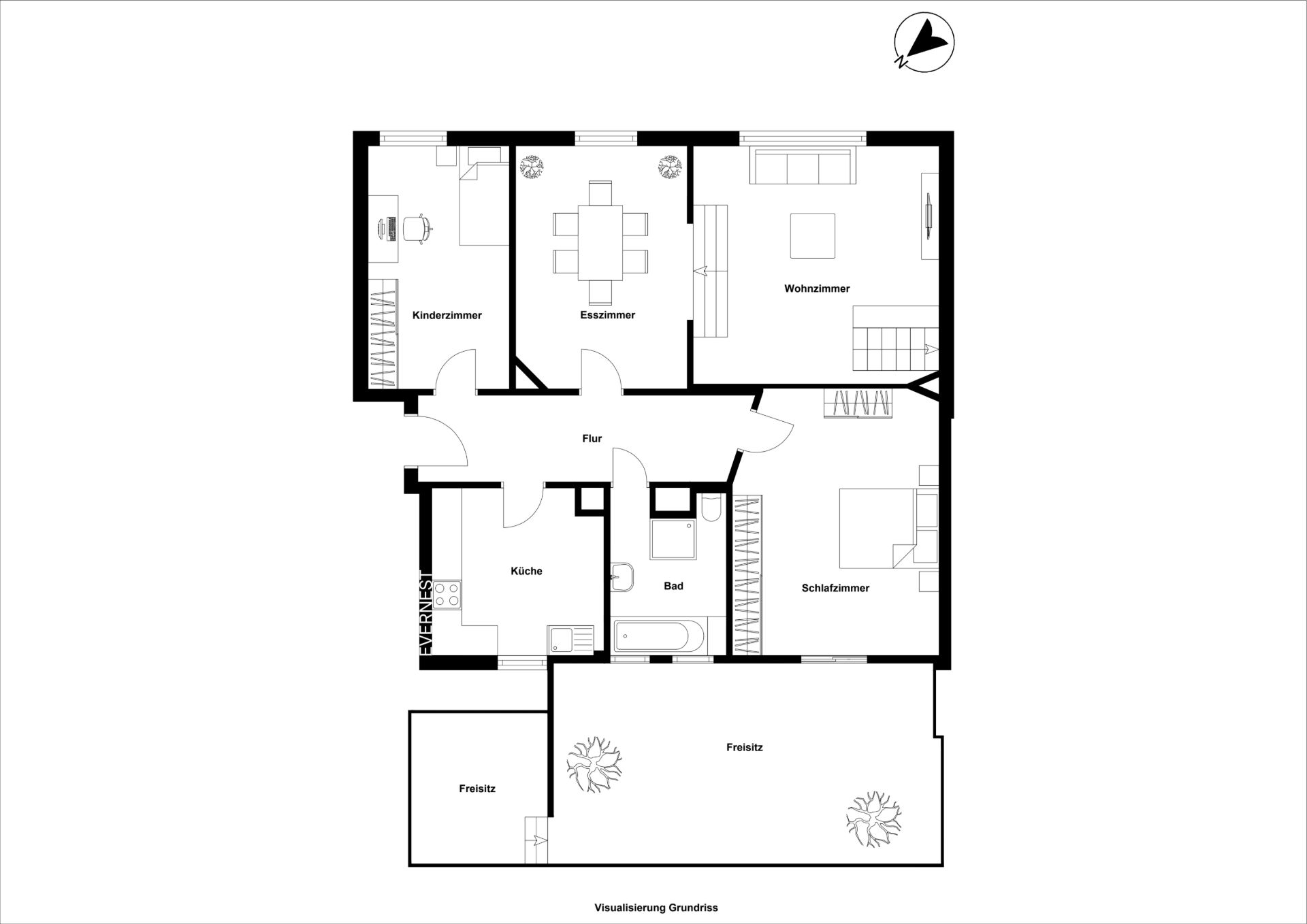 Grundriss einer Wohnung mit Wohnzimmer, Schlafzimmer, Kinderzimmer, Küche, Bad und zwei Freiflächen.