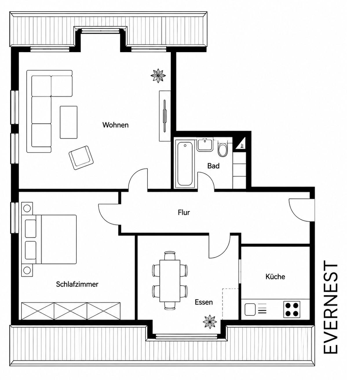 Grundriss einer Wohnung mit Wohnzimmer, Schlafzimmer, Bad, Küche, Essbereich und Flur.