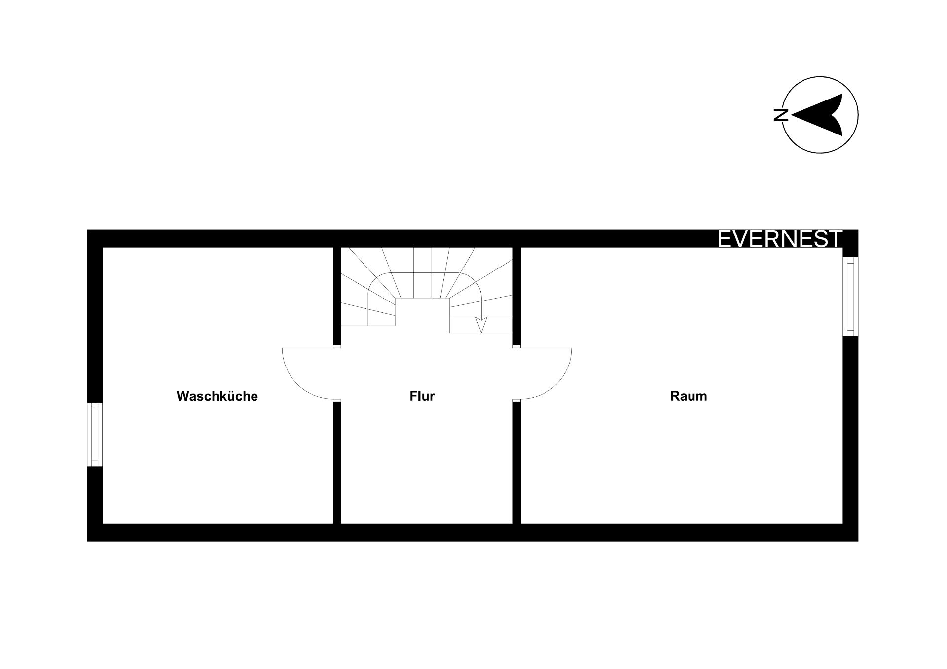 Grundriss mit Waschküche, Flur und Raum, sowie einer Treppe in der Mitte.