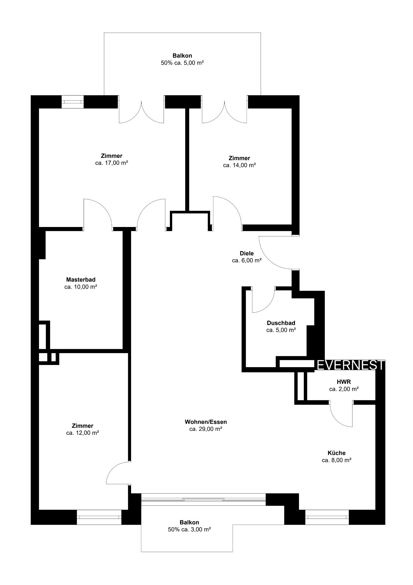 Grundriss einer Wohnung mit drei Zimmern, zwei Bädern, Küche, Diele, HWR, Wohnbereich und zwei Balkonen.
