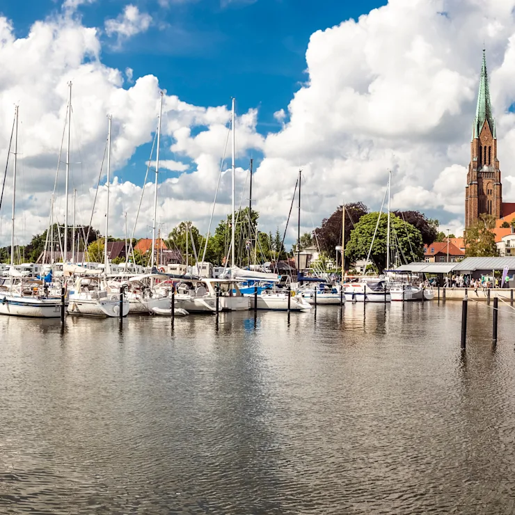 Blick auf einen Hafen mit Segelbooten und viel Wasser, im Hintergrund grüne Küste.