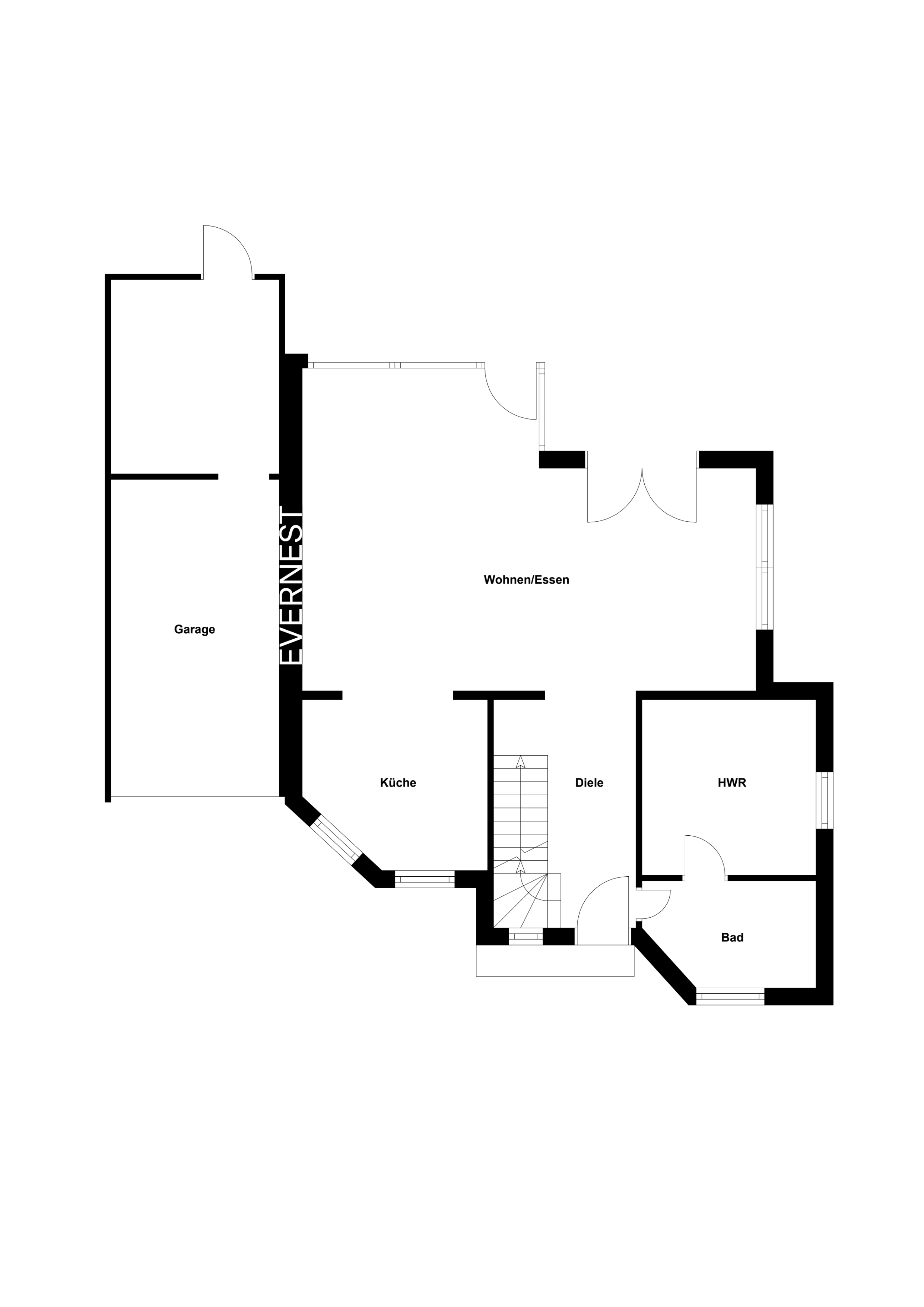 Grundriss eines Hauses mit Garage, Küche, Wohnbereich, Flur, Bad und Hauswirtschaftsraum.