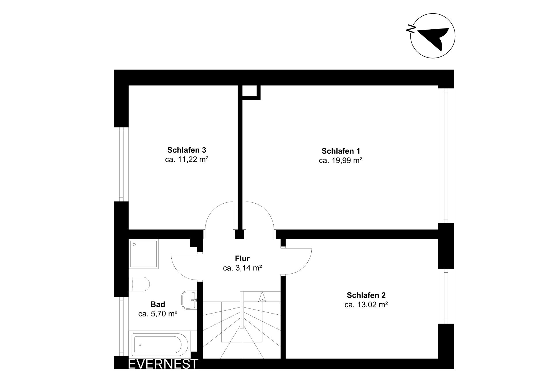 Grundriss mit drei Schlafzimmern, Flur, Bad und Treppe.