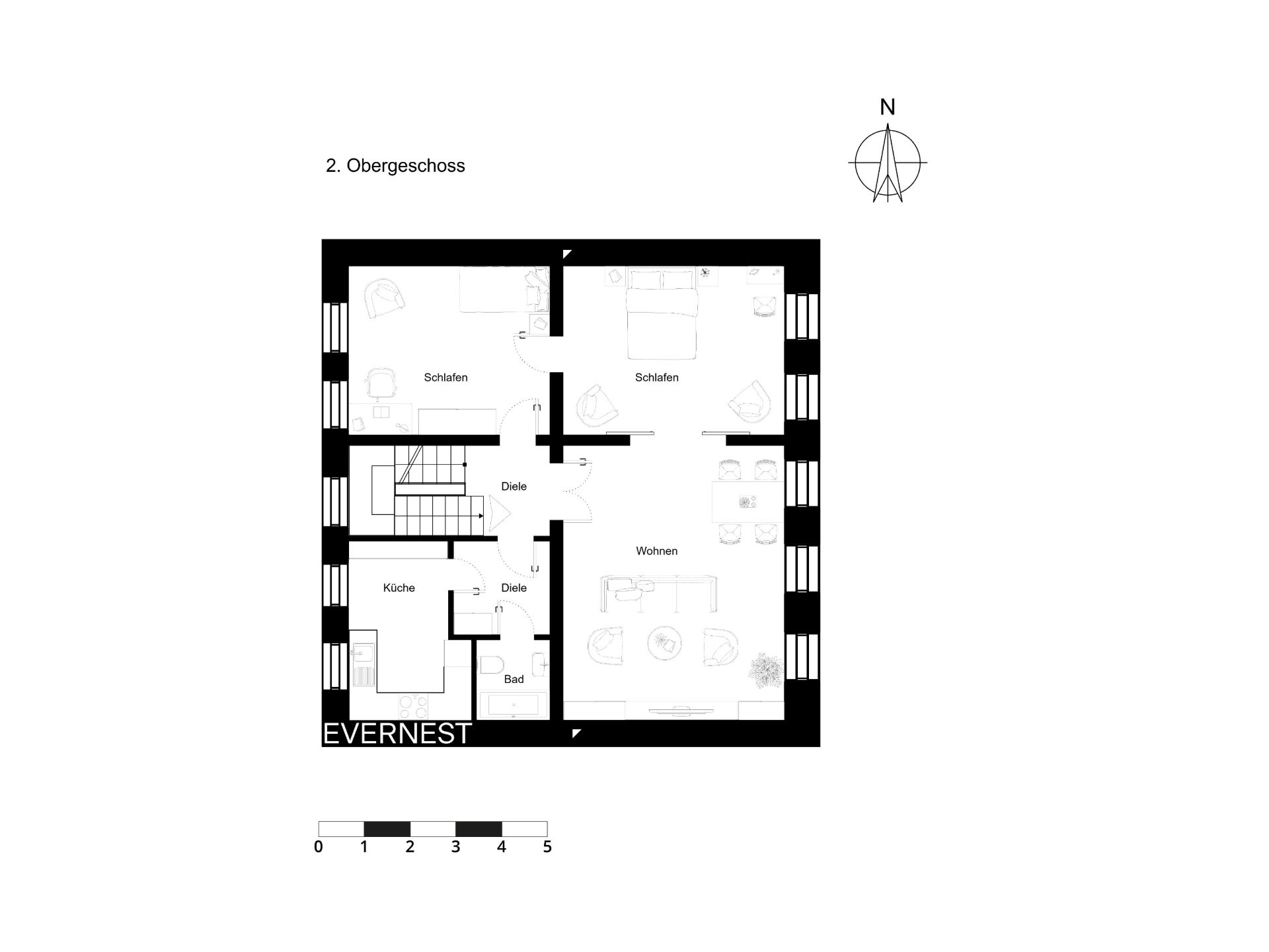 Grundriss des 2. Obergeschosses mit zwei Schlafzimmern, Wohnzimmer, Küche, Bad und Diele.