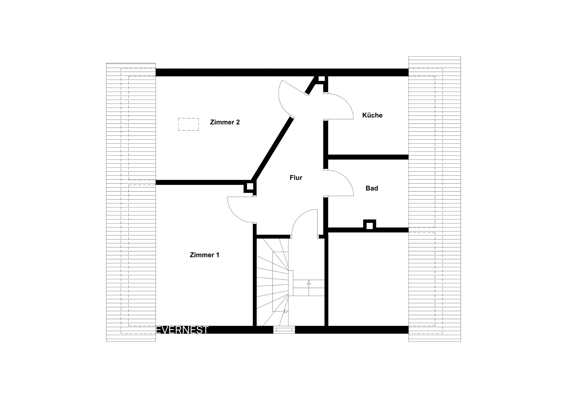 Grundriss mit zwei Zimmern, Küche, Bad, Flur und Treppe.