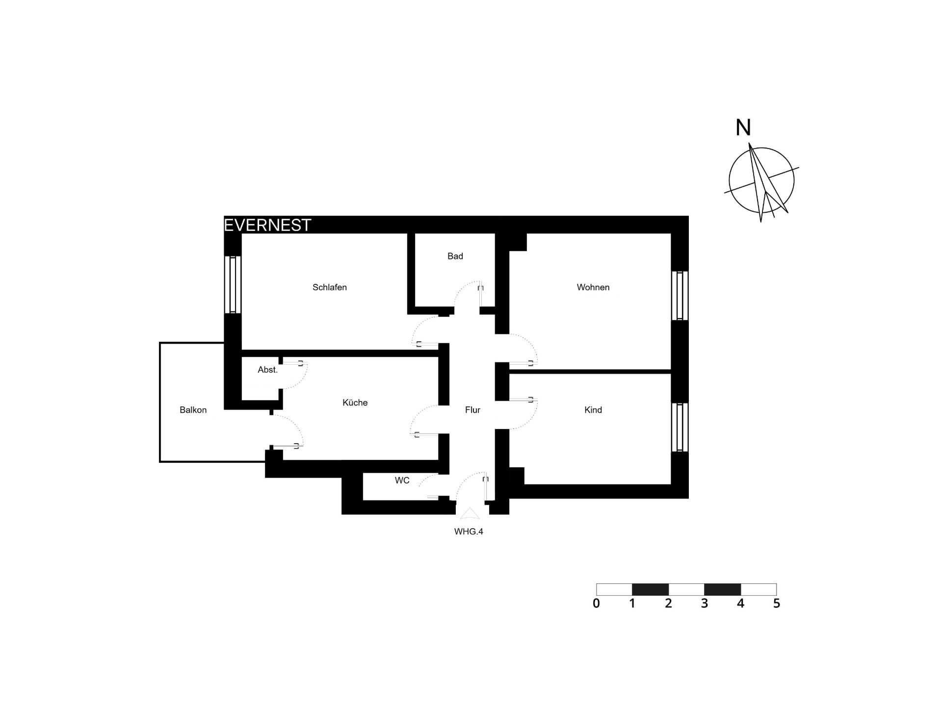 Grundriss einer Wohnung mit Schlafzimmer, Wohnzimmer, Küche, Bad, WC, Kinderzimmer und Balkon.