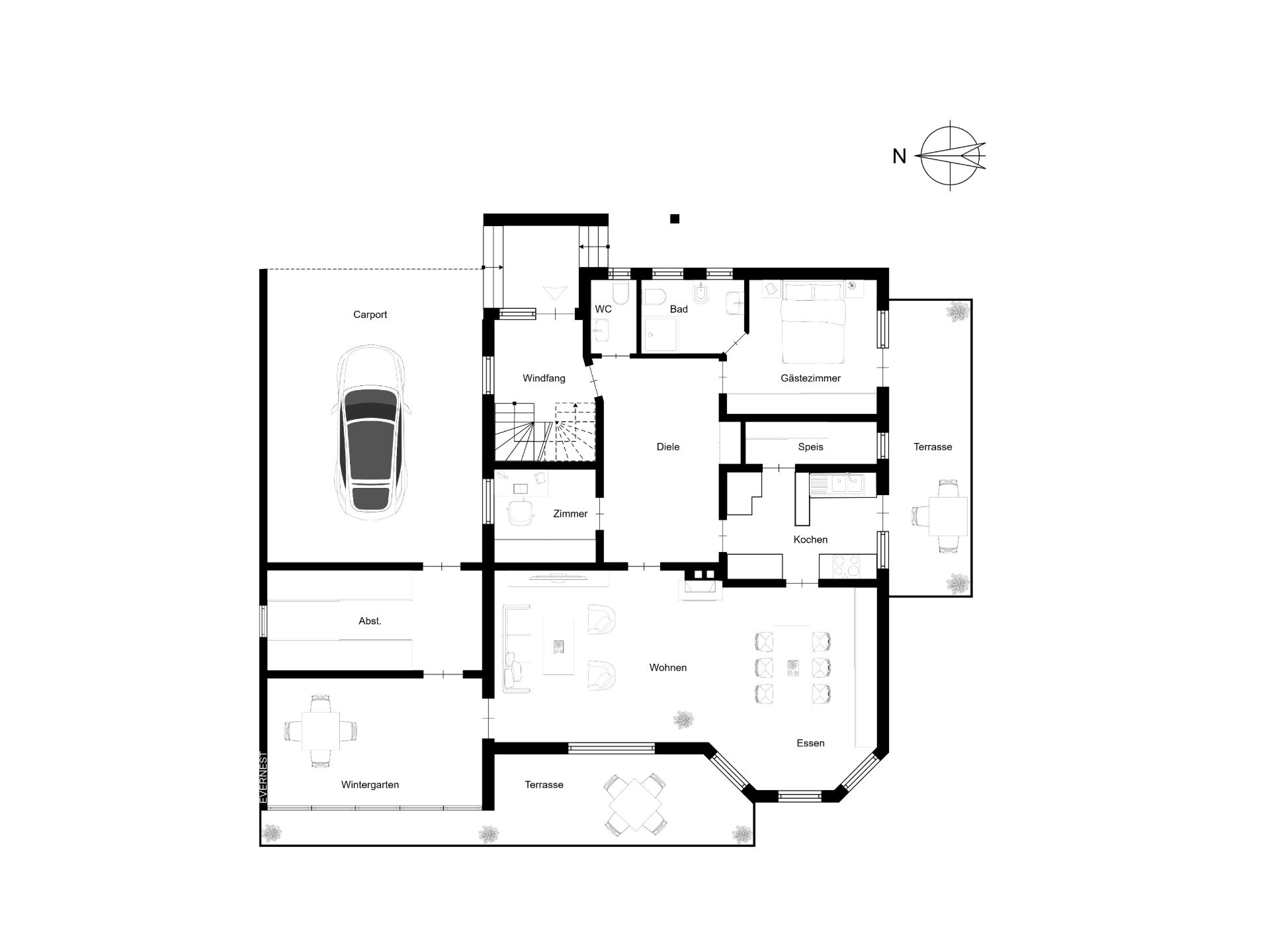 Grundriss eines Hauses mit Carport, Wintergarten, Wohnzimmer, Küche, Essbereich und mehreren Zimmern.
