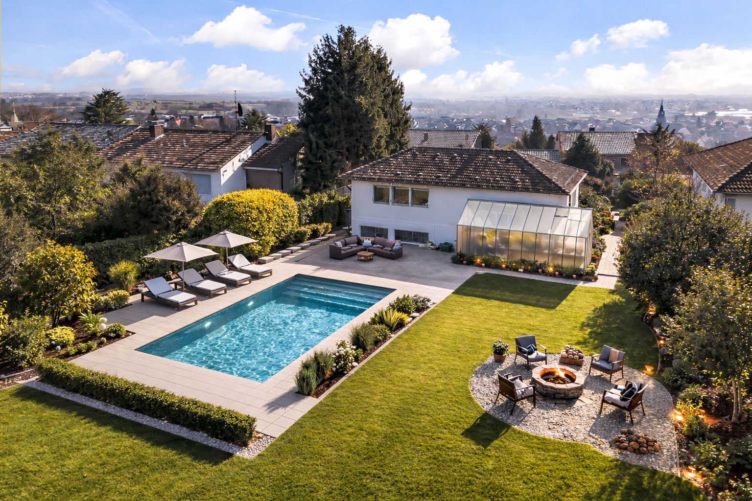 Großer Garten mit Pool, Liegestühlen, Sitzgruppe am Feuer und Gartenhaus neben einem Wohnhaus.