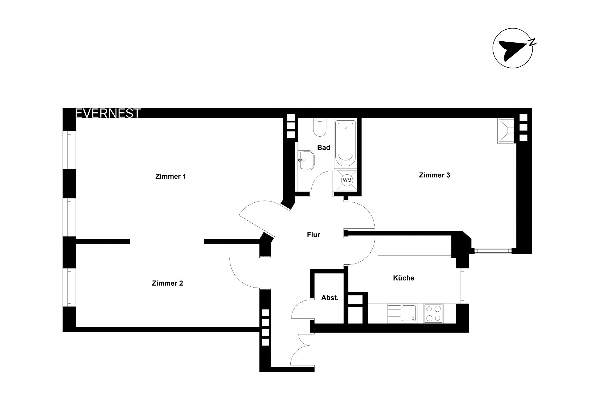 Grundriss einer Wohnung mit drei Zimmern, Küche, Bad, Flur und Abstellraum.