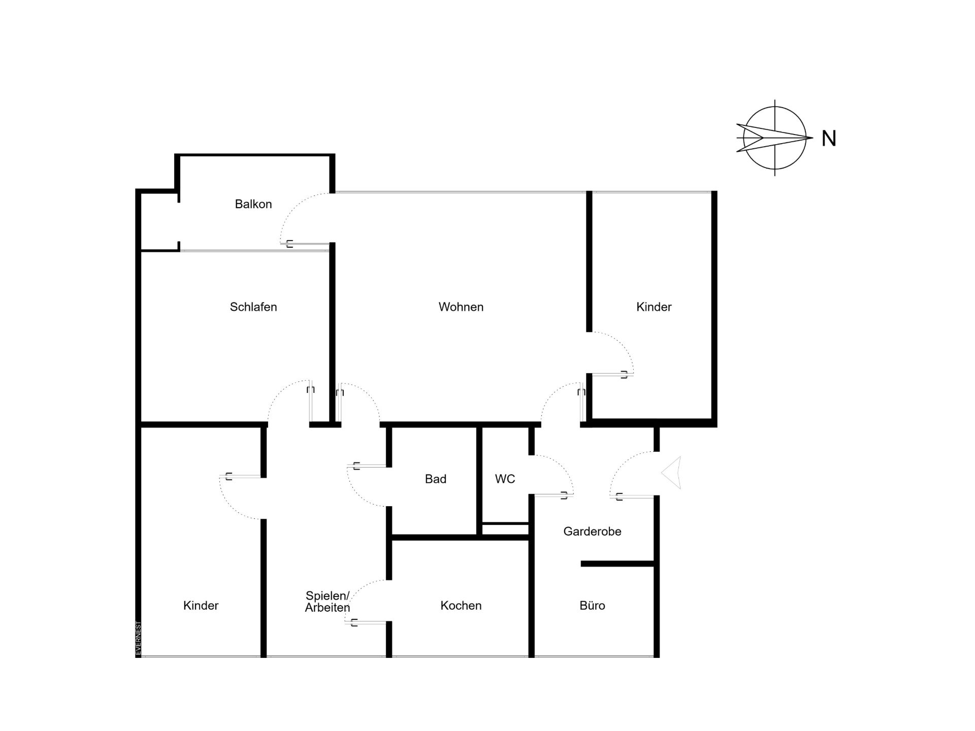 Grundriss einer Wohnung mit Schlafzimmer, Kinderzimmer, Wohnzimmer, Küche, Bad, WC, Büro und Balkon.