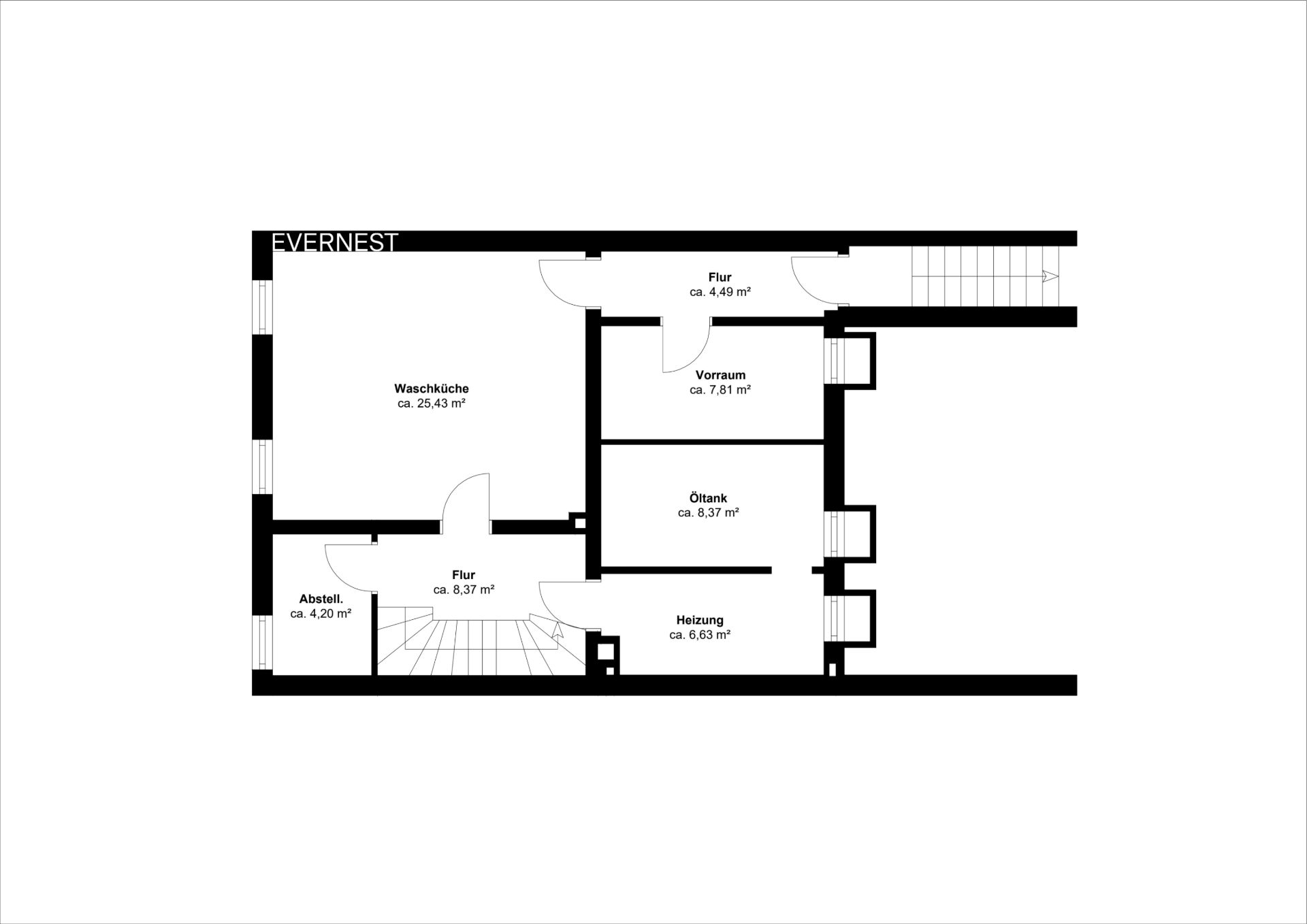 Grundriss eines Kellers mit Waschküche, Abstellraum, Heizraum, Öltank und Fluren.
