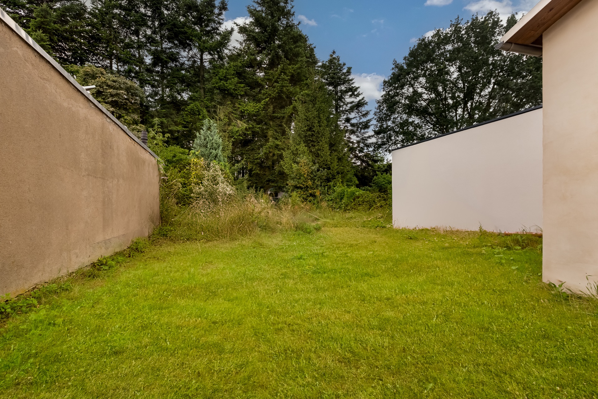 Grüner Garten mit Rasen, links und rechts von Hauswänden begrenzt, hinten Bäume.
