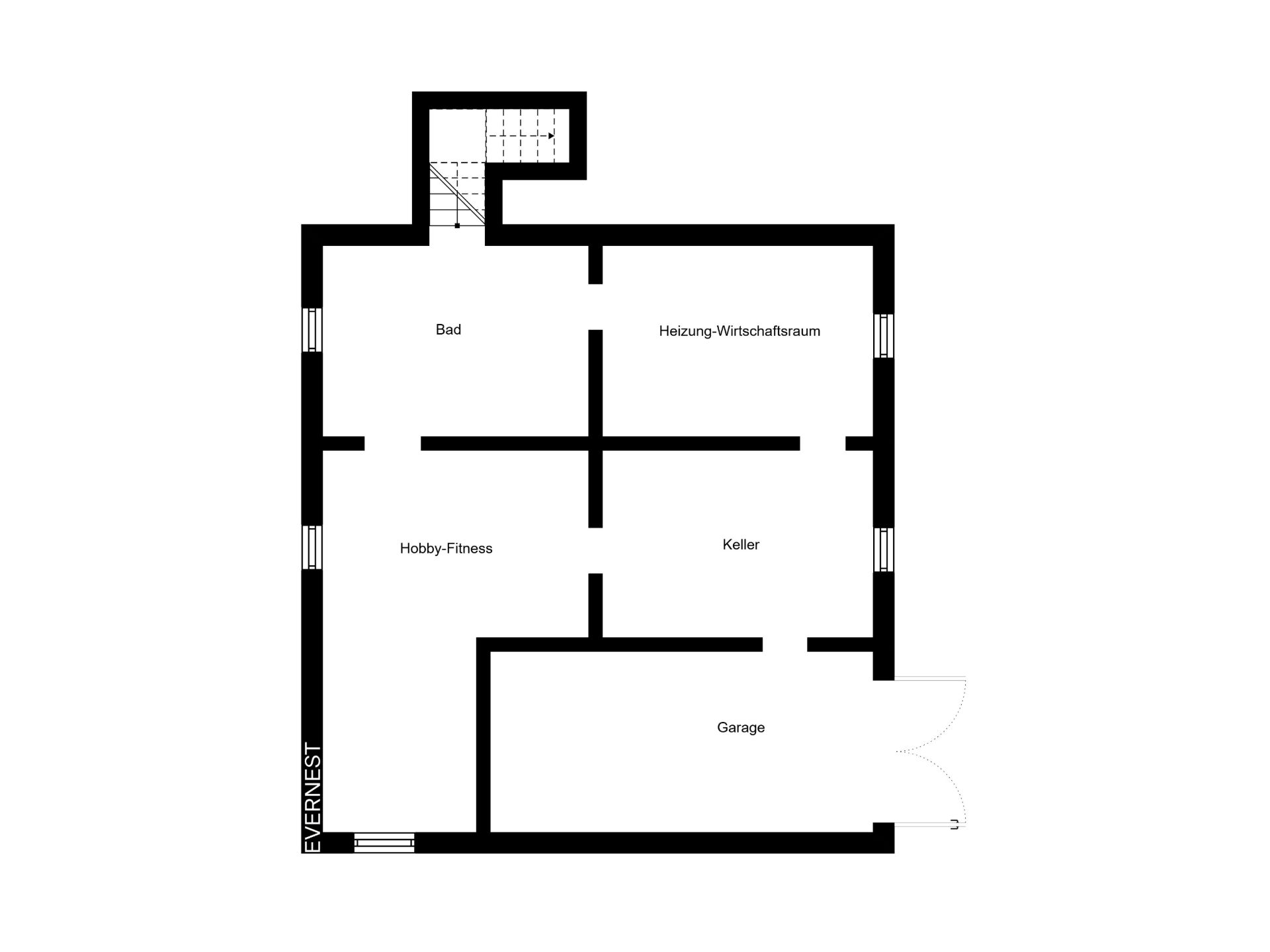 Grundriss mit Räumen: Bad, Heizung-Wirtschaftsraum, Hobby-Fitness, Keller und Garage.