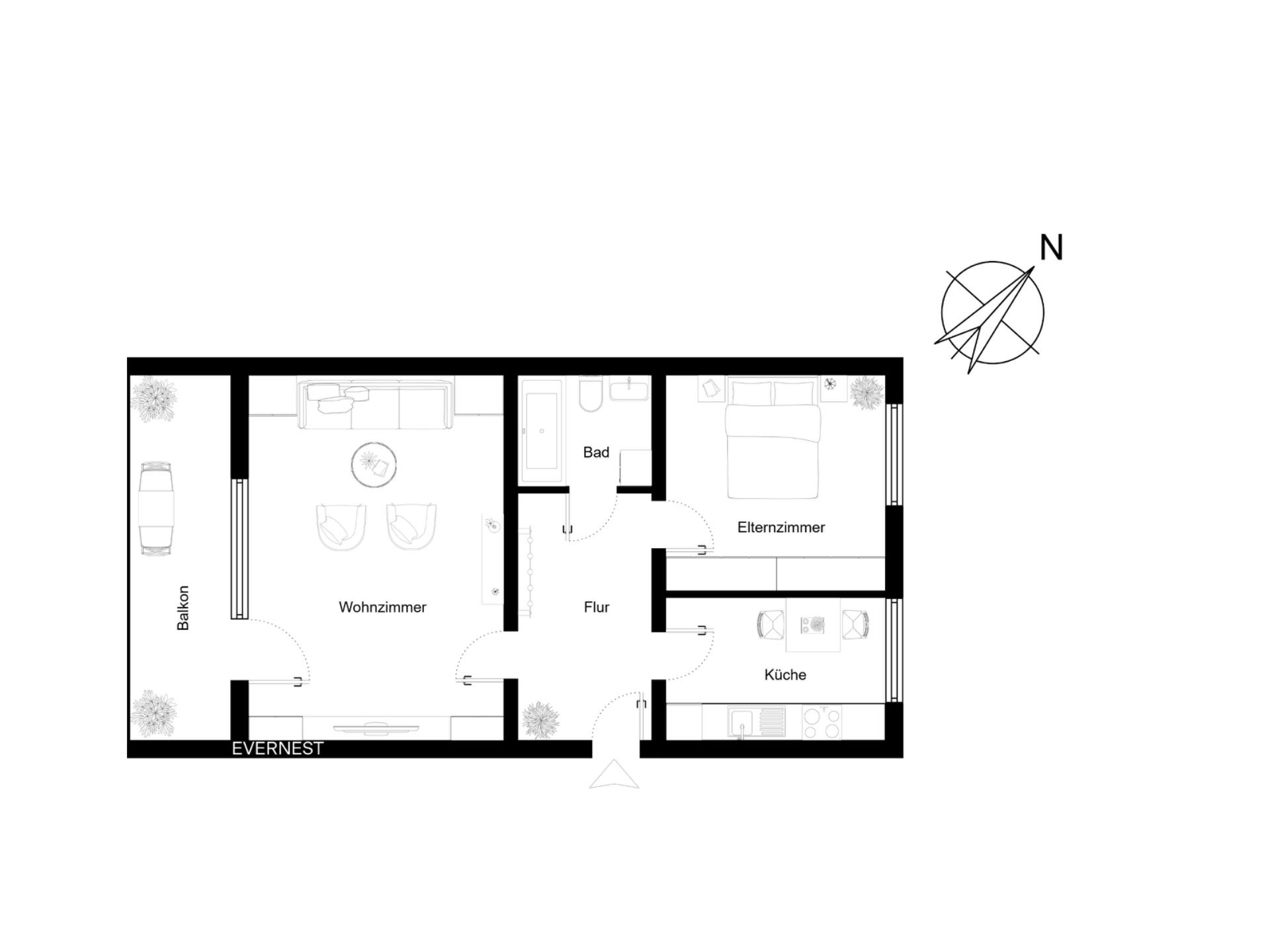 Grundriss mit Wohnzimmer, Elternzimmer, Küche, Bad, Flur und Balkon.