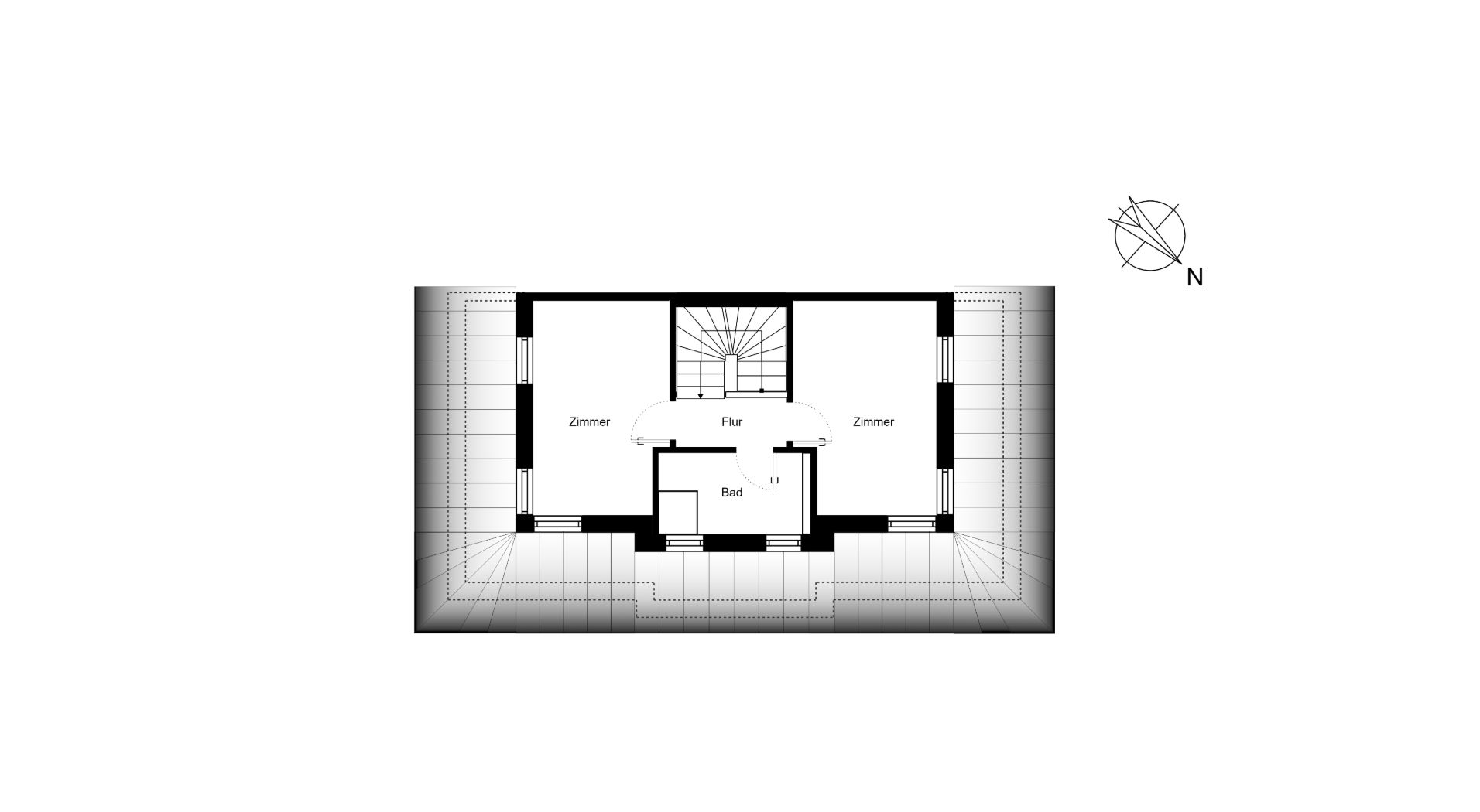 Grundriss mit zwei Zimmern, Flur und Bad, Treppe in der Mitte.