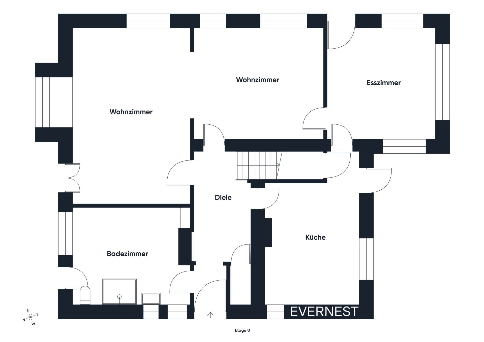 Grundriss zeigt Wohnzimmer, Esszimmer, Badezimmer, Diele und Küche einer Wohnung.