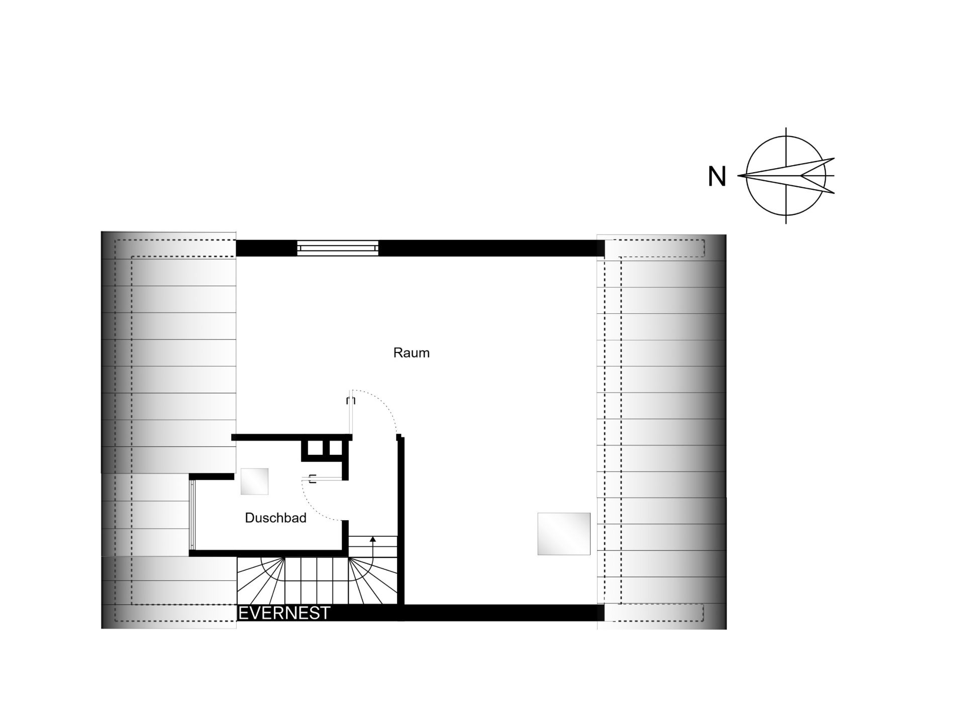 Grundriss mit einem großen Raum, Duschbad und Treppe, Kompass oben rechts.