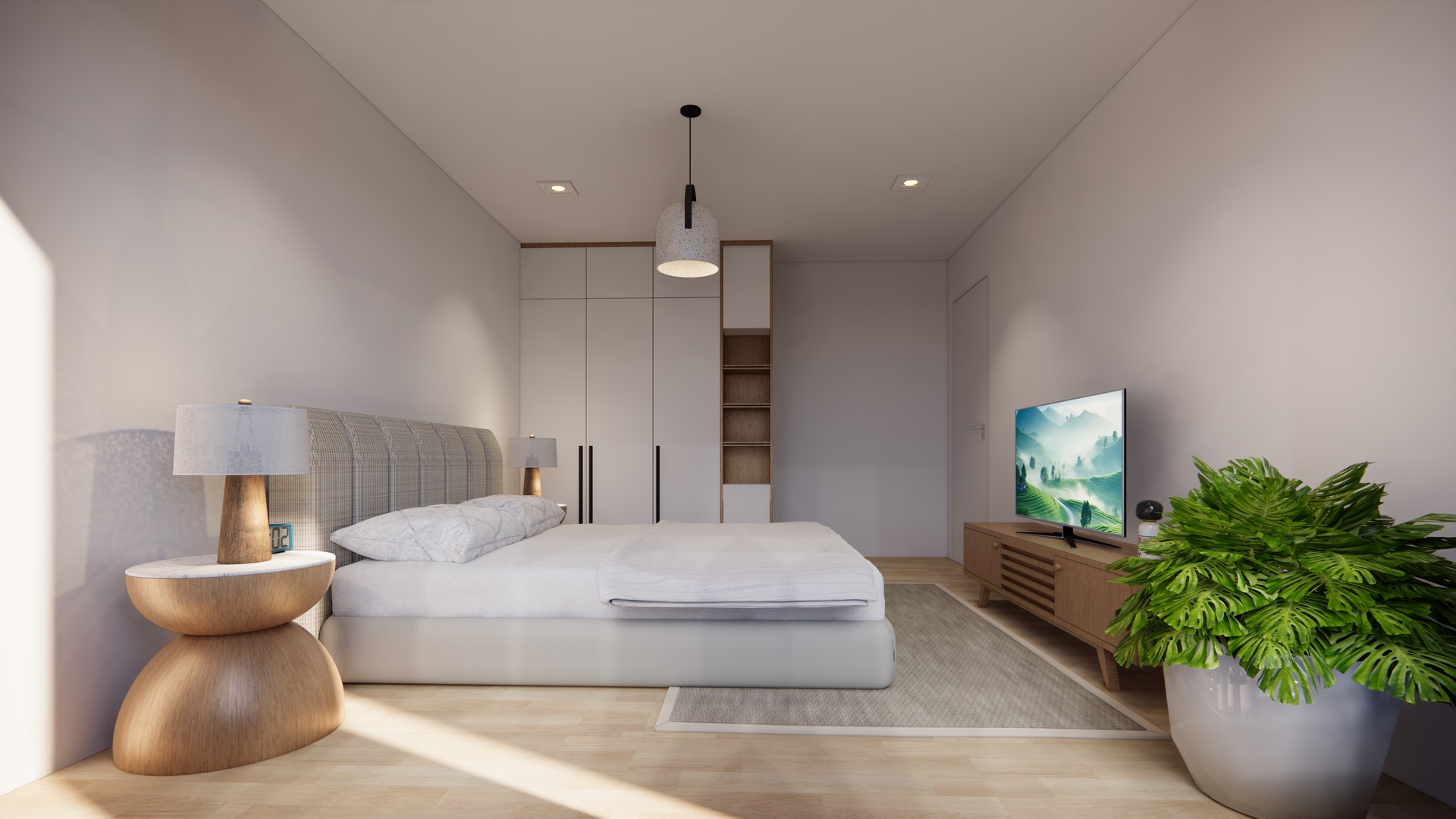 Modernes Schlafzimmer mit Bett, Nachttisch, Fernseher, Teppich und großem grünen Pflanzentopf.