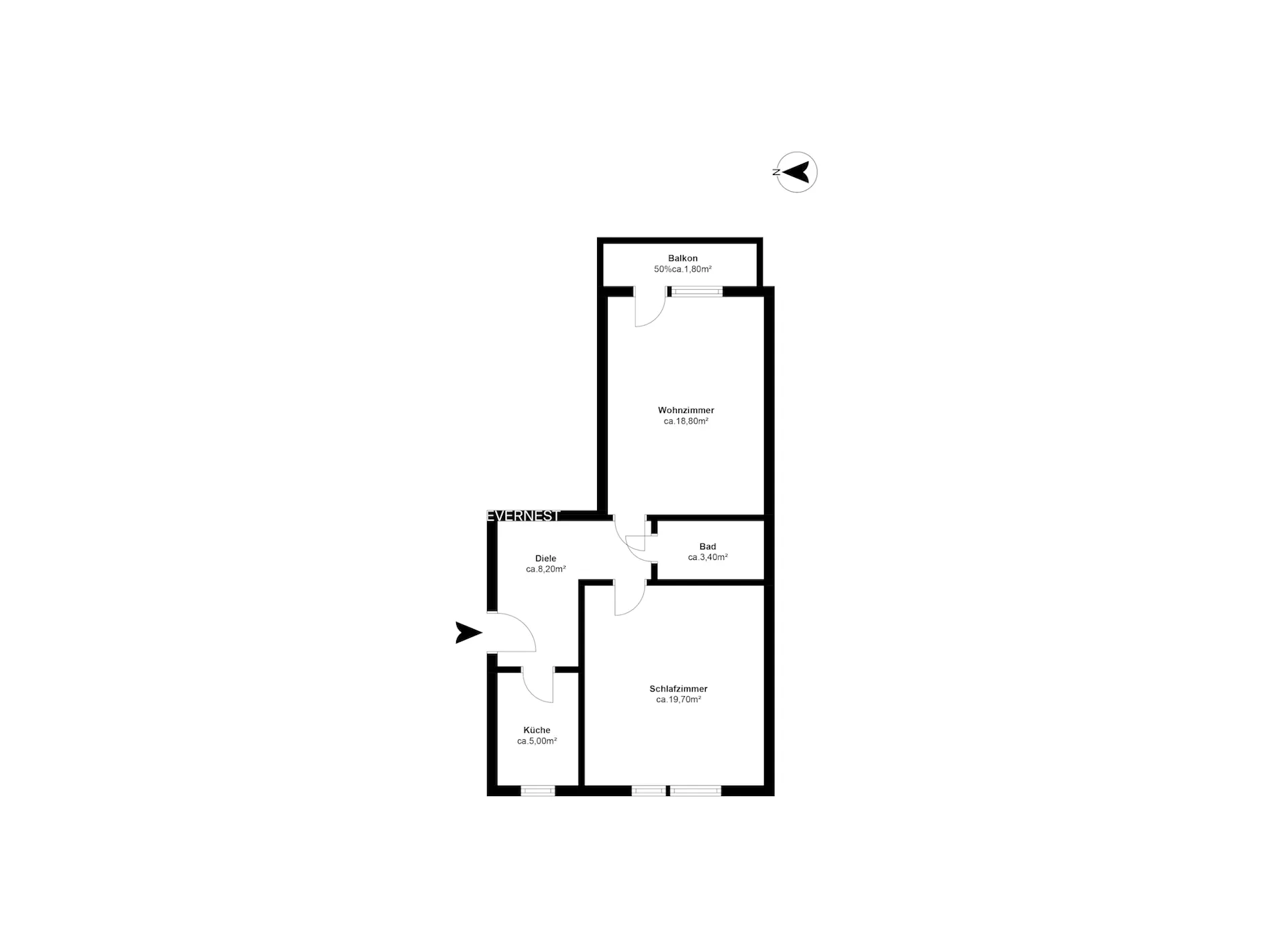 Grundriss einer Wohnung mit Wohnzimmer, Schlafzimmer, Küche, Bad, Diele und Balkon.