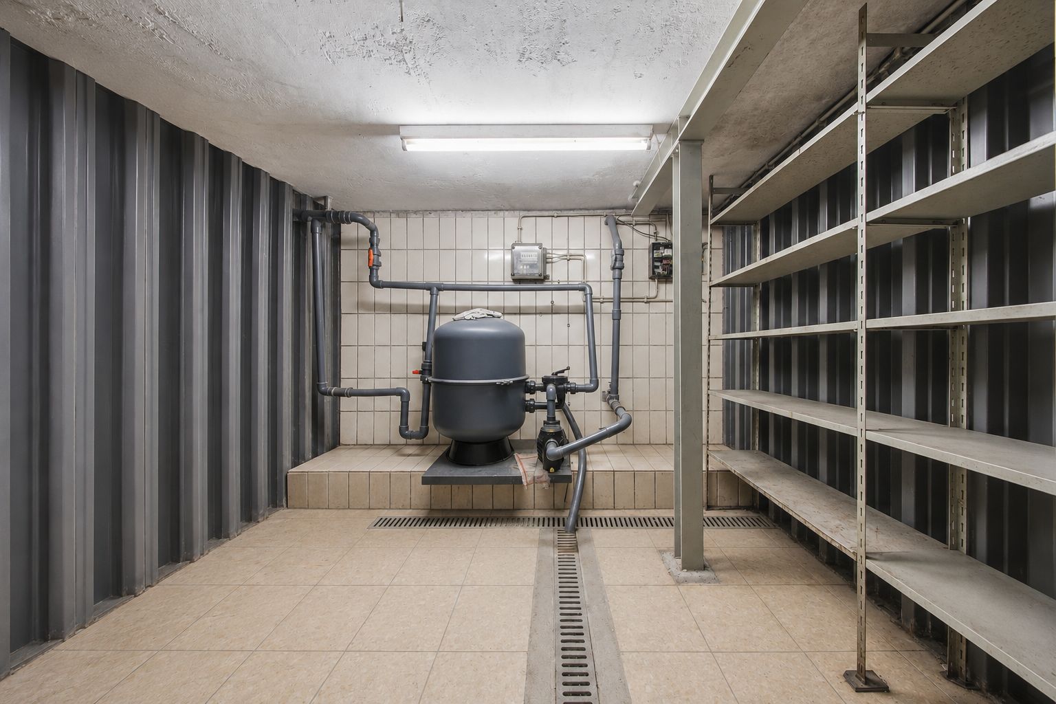 Kellerraum mit Fliesenboden, Rohrsystem und leeren Metallregalen an der rechten Wand.
